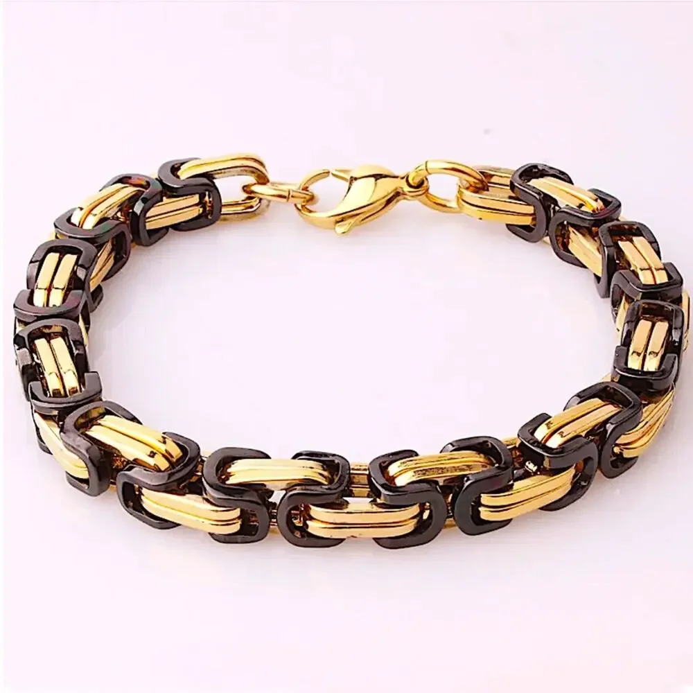 STAINLESS STEEL BYZANTINE MECHANIC SILVER BLACK BIKER BRACELET GOLD BLACK